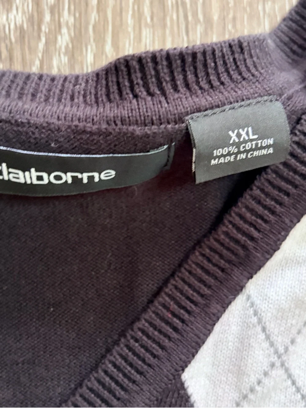 Claiborne Mens‎ Sweater XXL Black/Gray Argyle Diamond V Neck 100% Cotton